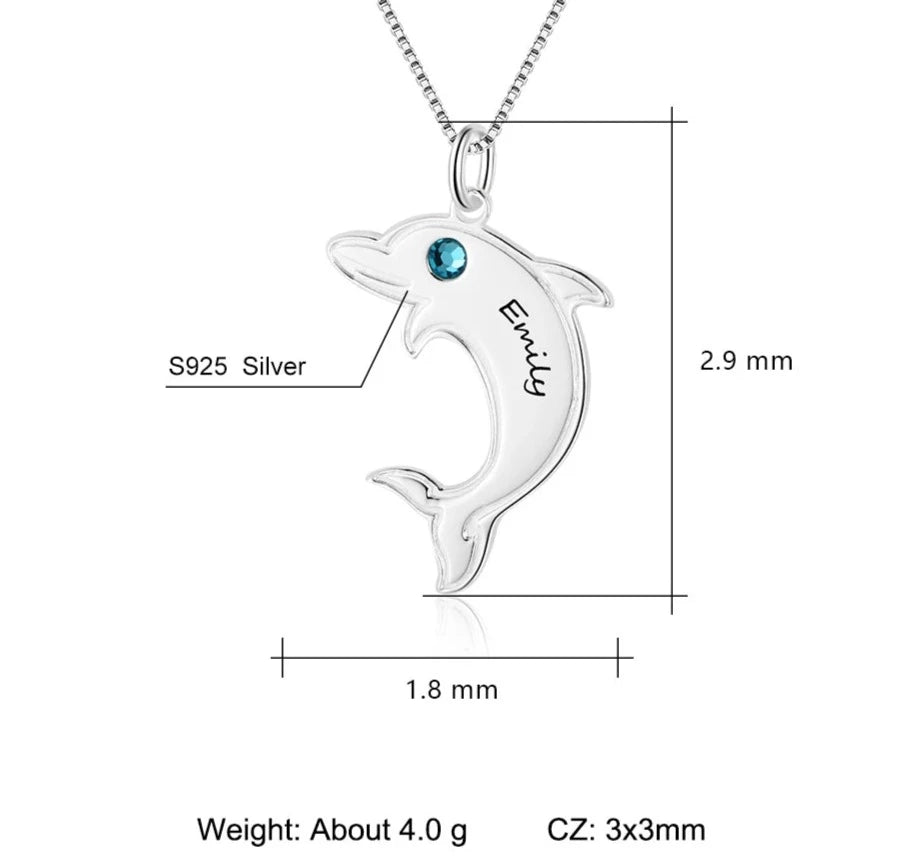 Dolphin Custom Name Necklace with Birthstone 925 Sterling Silver